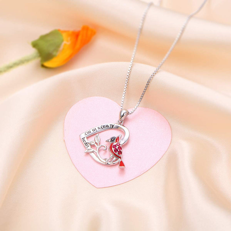 [Australia] - 925 Sterling Silver Engrave Always in My Heart Angel Red Bird Cardinal Pendant Necklace and Earrings Sympathy Gift for Women Girls 