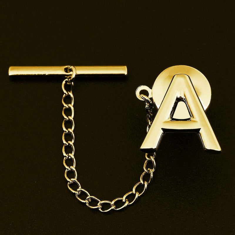 [Australia] - AMITER Men Tie Tack Initial Silver Gold Tie Pin with Chain - Best Accessories for Necktie, Bow Tie, Hat and Suspenders Gold A 