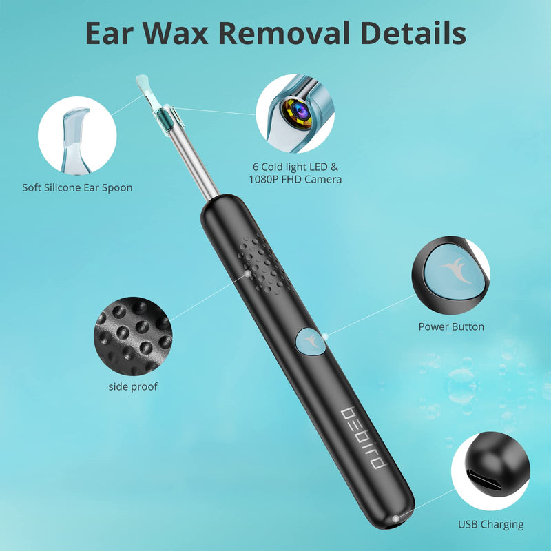 [Australia] - Ear Wax Removal Tool Ear Cleaner Upgrade Camera with 1080P FHD/ 6 LED Lights,Wireless Ear Otoscope for iPhone/IPad/Android Phone,Bebird Premium Ear Cleaner Kits R1 for Kids, Adults & Pets,Black 