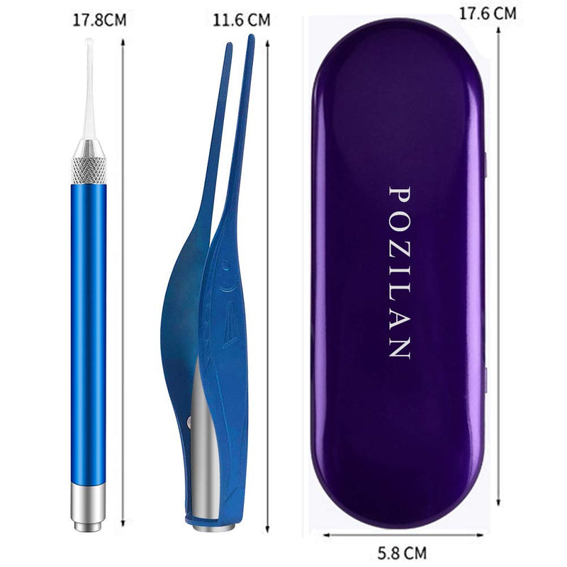 [Australia] - 2 Pcs Ear Wax Removal Tool with Light - Ear Pick Cleaner Kit for Kids and Adults, Earwax Spoon Digger & Tweezers for Ear Health Care Gift Set with Case (Blue) Blue 