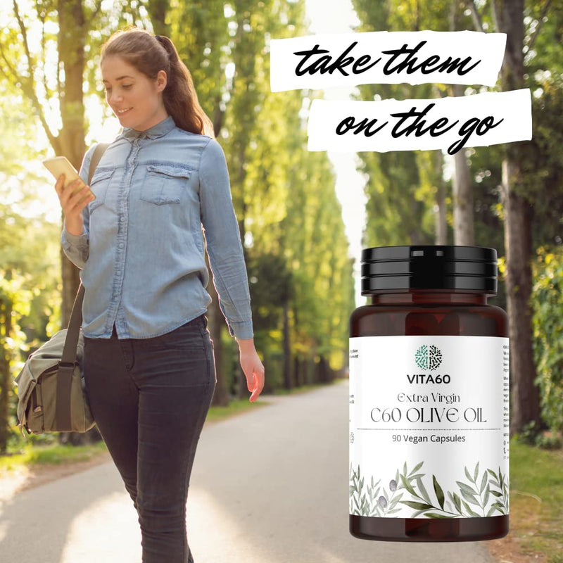[Australia] - VITA60 C60 Olive Oil Capsules - 90 Vegan Friendly Capsules | Organic Extra Virgin Oil | 99.99% Solvent Free C60 | Antioxidant | Anti inflammatory | Leak Proof Capsule 
