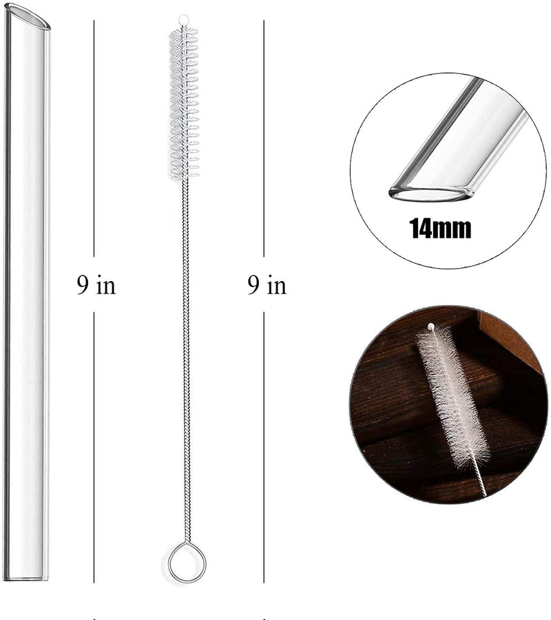 [Australia] - ALINK Reusable Glass Boba Straws, 14mm Extra Wide Clear Smoothie Straws for Bubble Tea, Pack of 4 with 1 Case and 2 Brush 