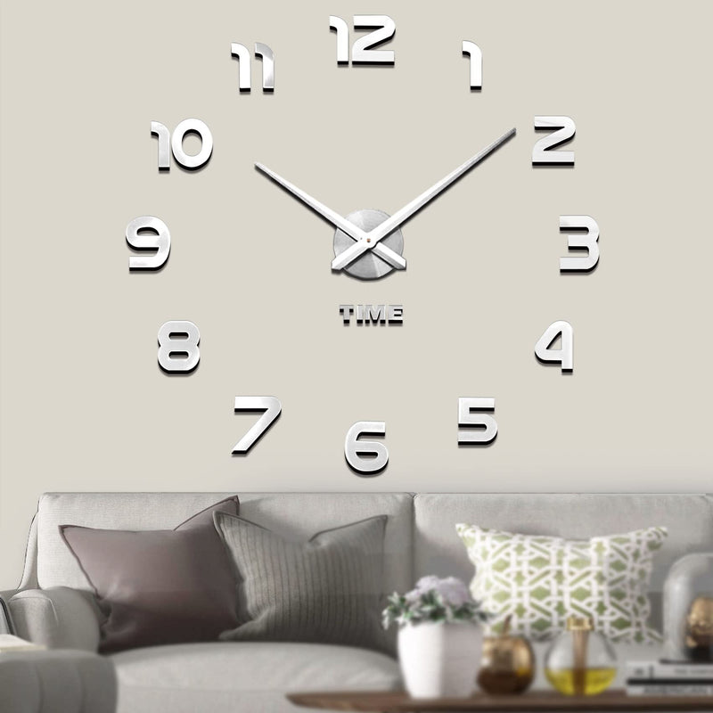 [Australia] - Vangold Frameless DIY Wall Clock 3D Mirror Wall Clock Large Mute Wall Stickers for Living Room Bedroom Home Decorations Silver 