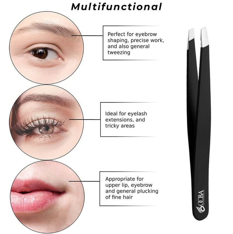 [Australia] - OCBA 4 Pcs Black Tweezers for Facial Hair Women & Men for Precise Grooming of Eyebrows - Professional Stainless Steel Black Color Coated Eyebrow Tweezers for Ingrown Hair on Nose Ear (Black) 