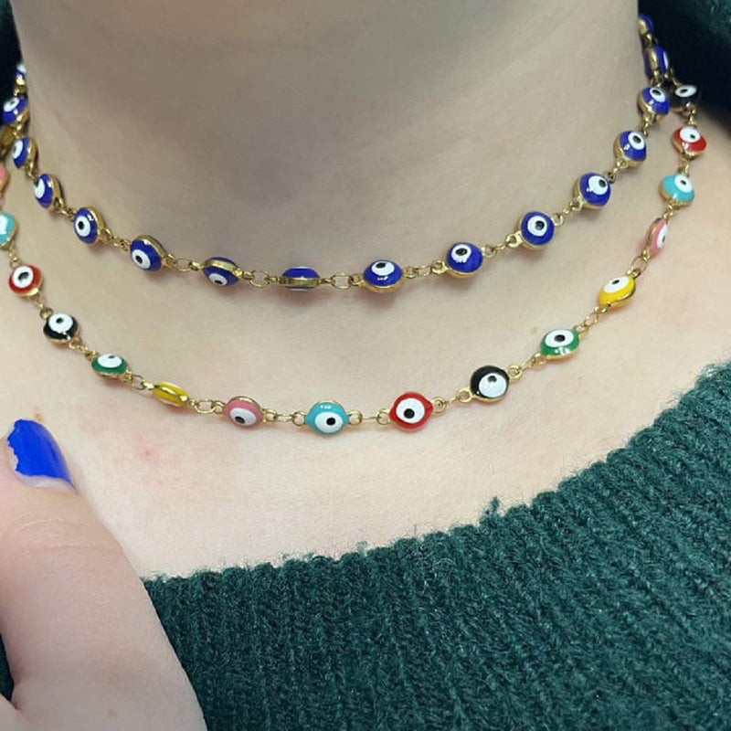[Australia] - Evil Eye Necklace Bracelet Set for Women Girls,18k Gold Plated Stainless Steel Gold Blue Choker 