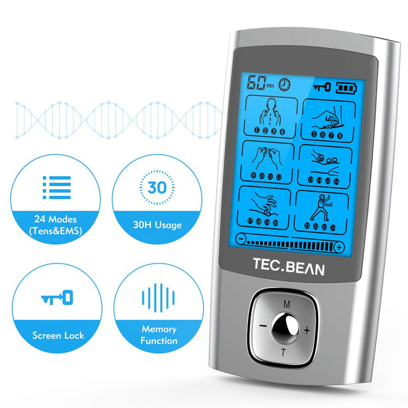 [Australia] - TEC.BEAN 24 Modes TENS Unit Muscle Stimulator, Rechargeable TENS Machine with 8 Electrode Pads (American Gel), Electric Pulse Massager for Pain Relief Therapy 