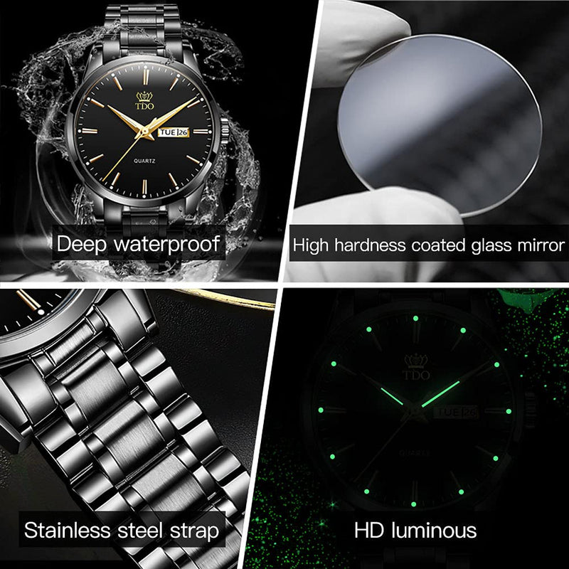 [Australia] - TDO Men Watch Stainless Steel Dress Luxury Analog Quartz Roman Numeral Luminous Calendar 3ATM Waterproof Wrist Watch for Men Black Strap & Black Face 