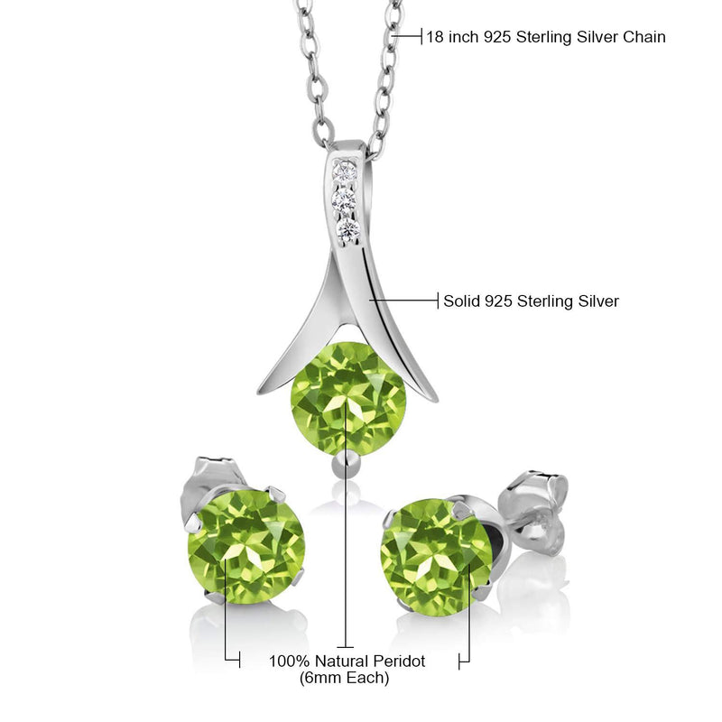 [Australia] - Gem Stone King 925 Sterling Silver Green Peridot Pendant and Earrings Set 3.00 Ct Round Gemstone Birthstone For Women with 18 Inch Chain 