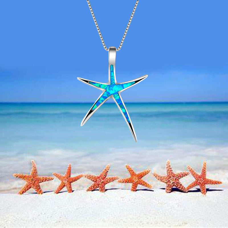 [Australia] - Sterling Silver Starfish Necklace Pendant Earrings Blue Opal White Opal or Green Opal Pendant Necklace 