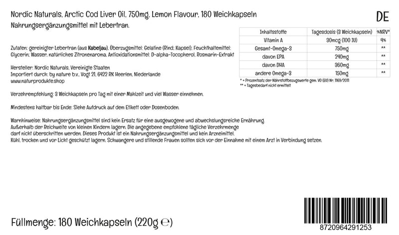 [Australia] - Nordic Naturals, Arctic Cod Liver Oil, 750mg Omega-3 from Cod Liver Oil, with EPA and DHA, Lemon Flavour, 180 Softgels, Lab-Tested, Soy Free, Gluten Free, Non-GMO 