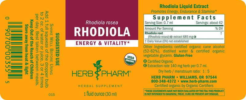 [Australia] - Herb Pharm Certified Organic Rhodiola Root Extract for Energy, Endurance and Stamina, Organic Cane Alcohol, 1 Ounce (090700003555) 1 Fl Oz (Pack of 1) 