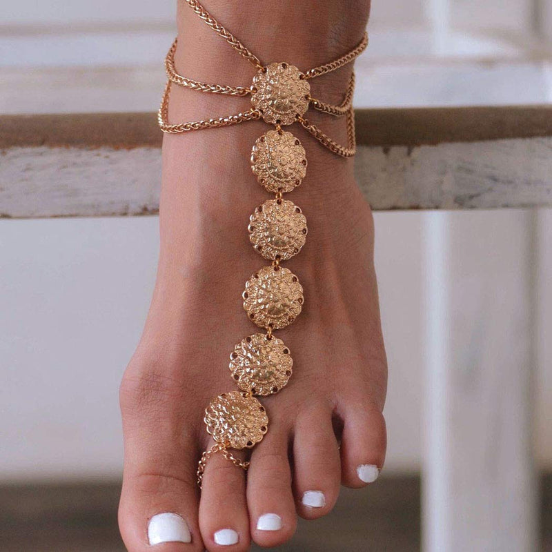 [Australia] - Jeairts Boho Carved Flower Barefoot Sandals Gold Anklet Fashion Folk Anklet Bracelet Vintage Beach Foot Chain Jewelry for Women and Girls（Pack of 2） 