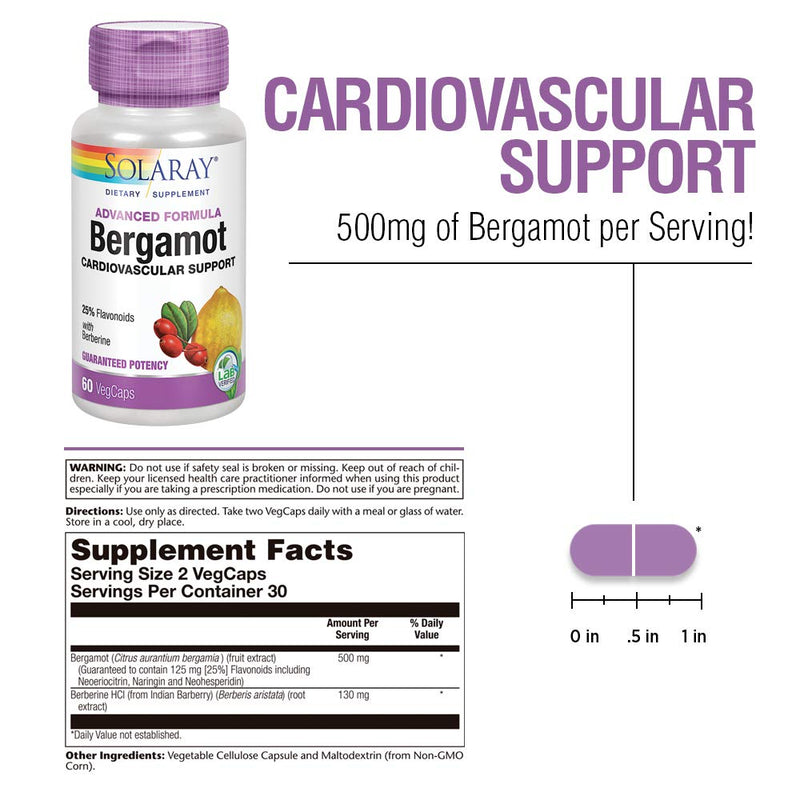 [Australia] - Solaray Advanced Formula Bergamot Cardiovascular Support 500mg | with Berberine and 25% Flavonoids | Non-GMO, Vegan | 60 Vegcaps, 30 Serv. 