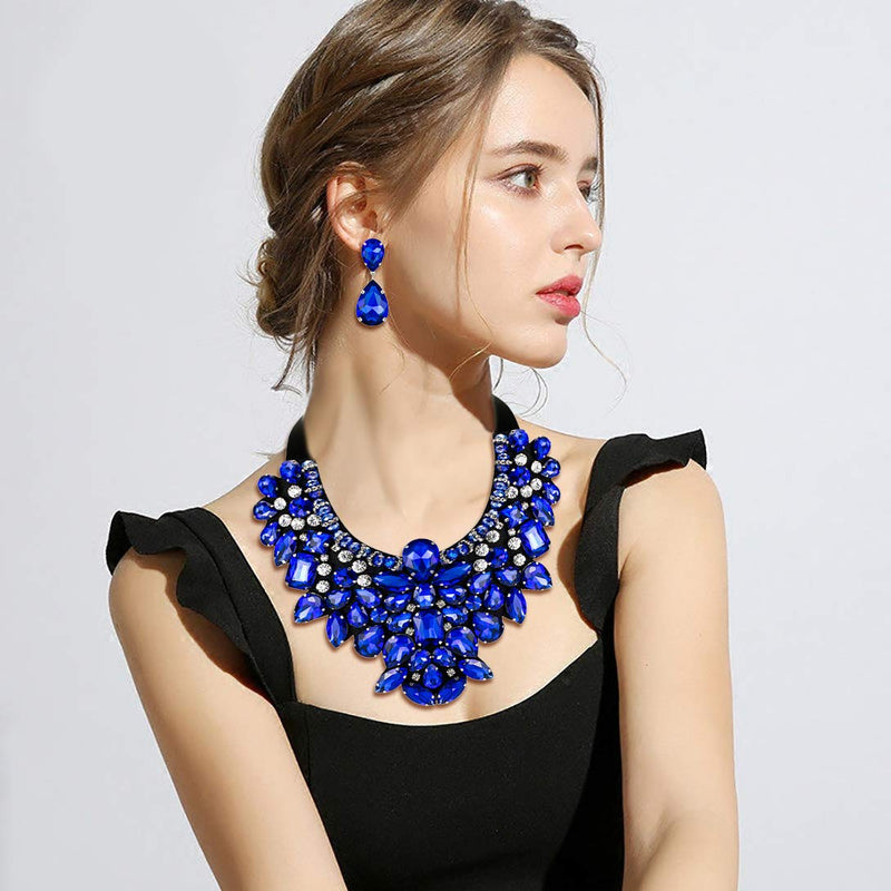[Australia] - Flyonce Costume Jewelry for Women, 9 Colors Rhinestone Crystal Statement Necklace Earrings Set Blue 