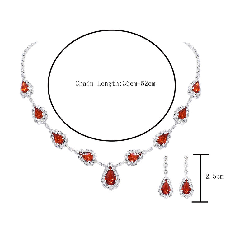 [Australia] - UDORA Silver Blue Red Teardrop Necklace Earrings Jewelry Set Wedding Party Prom 