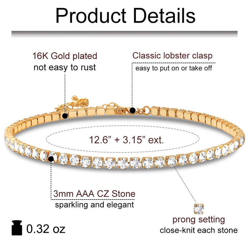 [Australia] - Zealmer Rhinestone Choker Necklace for Women 16k Gold Plated Gold 1 Row Necklace & Bracelet 