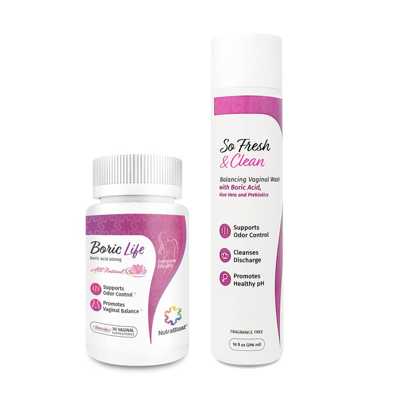 [Australia] - NutraBlast Boric Acid Vaginal Suppositories and So Fresh & Clean | Supports Odor Control | Cleanses Discharge | Promotes Healthy pH (30 Count & 10 fl oz) 