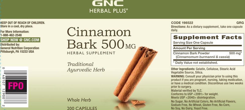 [Australia] - GNC Herbal Plus Cinnamon Bark 500mg, 200 Capsules, Traditional Ayurvedic Herb 200 Servings (Pack of 1) 