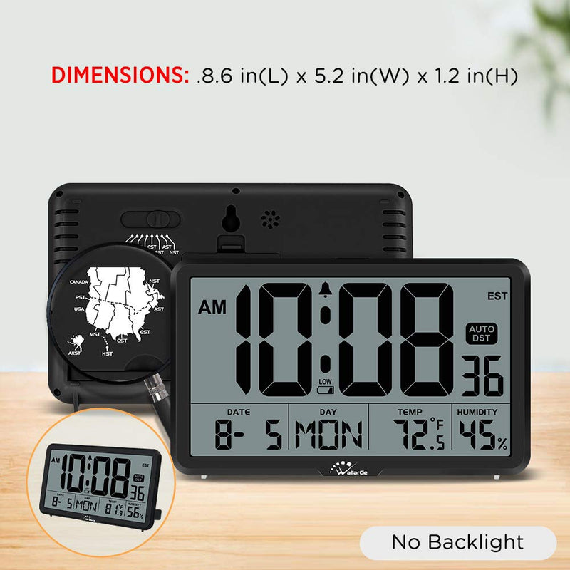 [Australia] - WallarGe Auto Set Digital Wall Clock Battery Operated,Desk Clocks with Temperature,Humidity and Date,Large Display Digital Calendar Alarm Clock for Elderly,Bedroom,Office,8 Time Zone, Auto DST. Black 