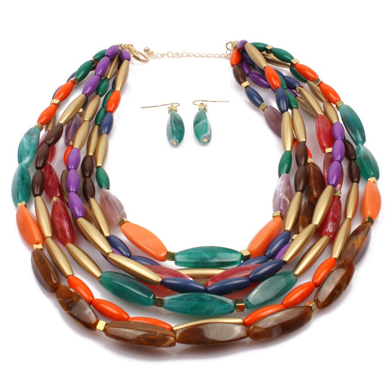 [Australia] - Thkmeet Multilayer Colored Bead Pendant Statement Necklace Earrings for Women Girl Jewelry 