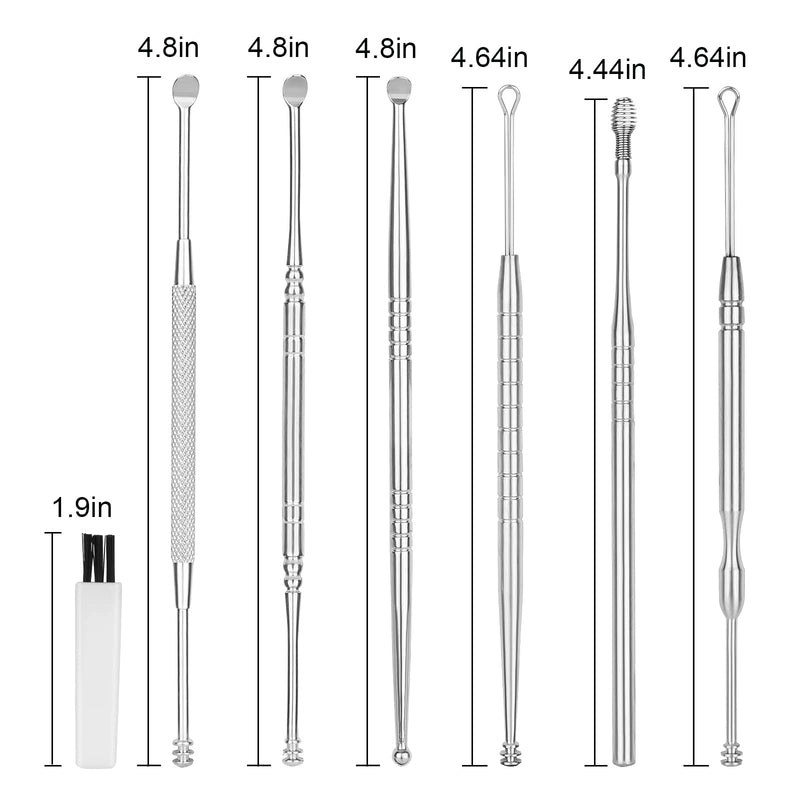 [Australia] - CYSNATU Ear Wax Removal Kit, Ear Pick, Ear Cleaning Tool Set Stainless Steel 6 in 1 Ear Spoon Curette (with Cleaning Brush and Storage Box, Silver) 
