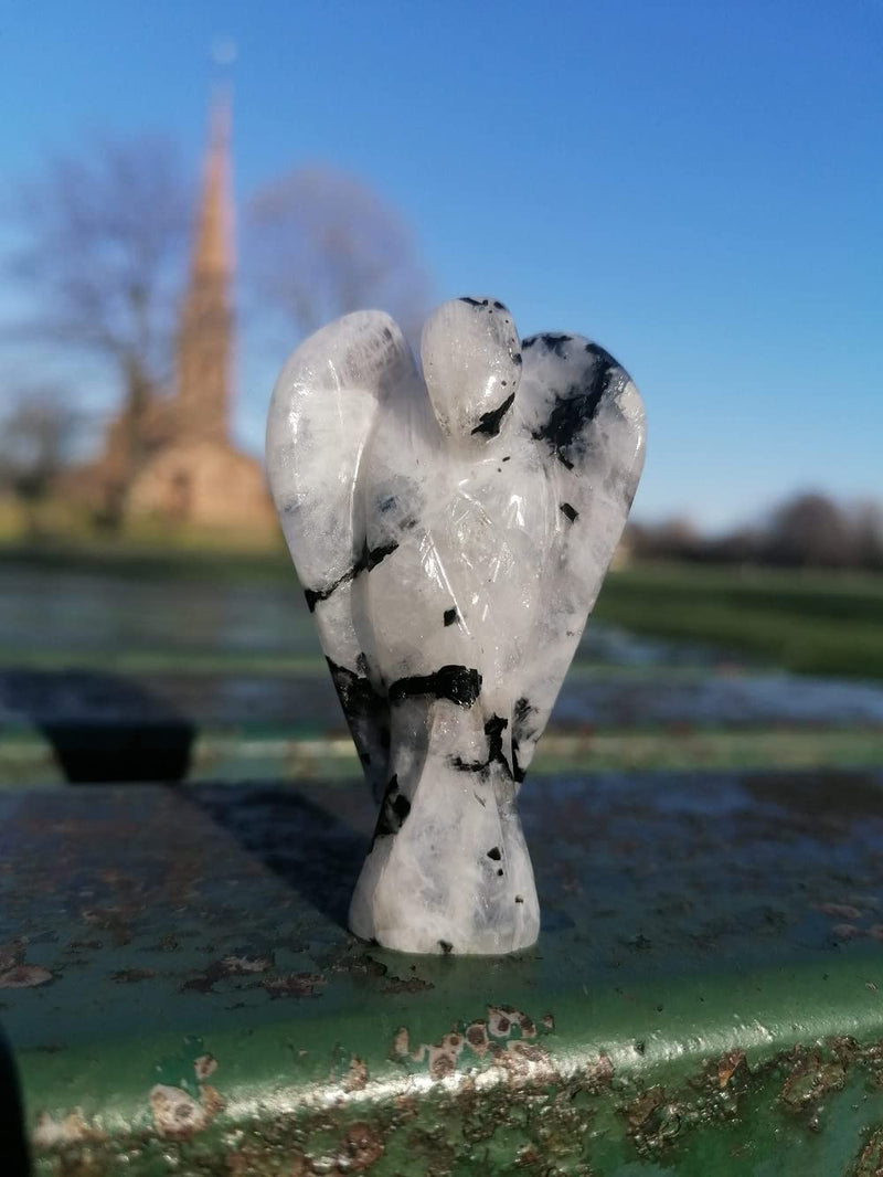 [Australia] - 2" inch Rainbow Moonstone Hand Carved Guardian Angel from Natural Gemstone Statue Pocket Mini Figurine Home Decoration, Reiki Healing Stones 