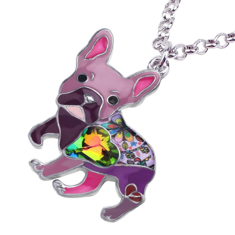 [Australia] - BONSNY Statement Enamel Rhinestone French Bulldog Necklaces Pendant Original Design for Women Kids Jewelry Purple 