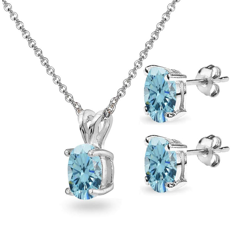 [Australia] - Sterling Silver 8x6mm Oval-Cut Solitaire Pendant Necklace & Stud Earrings Set Made w/Swarovski Crystals Light Blue 