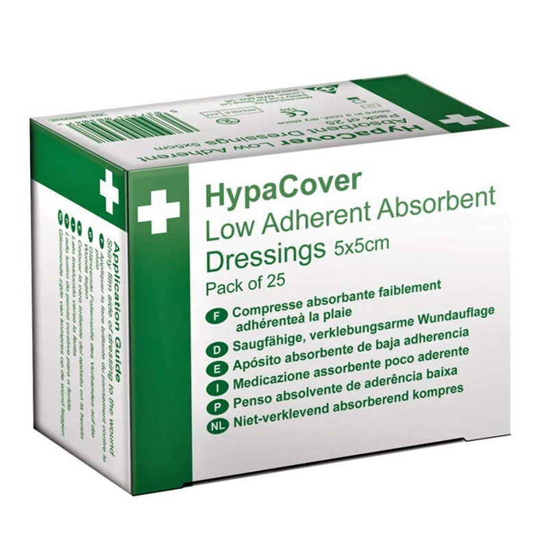 [Australia] - Safety First Aid Group HypaCover Low Adherent Absorbent Dressing, 5x5cm (Pack of 25) with HypaCover Adhesive Dressing - Medium, 8.6x6cm (Pack of 25) Bundle 