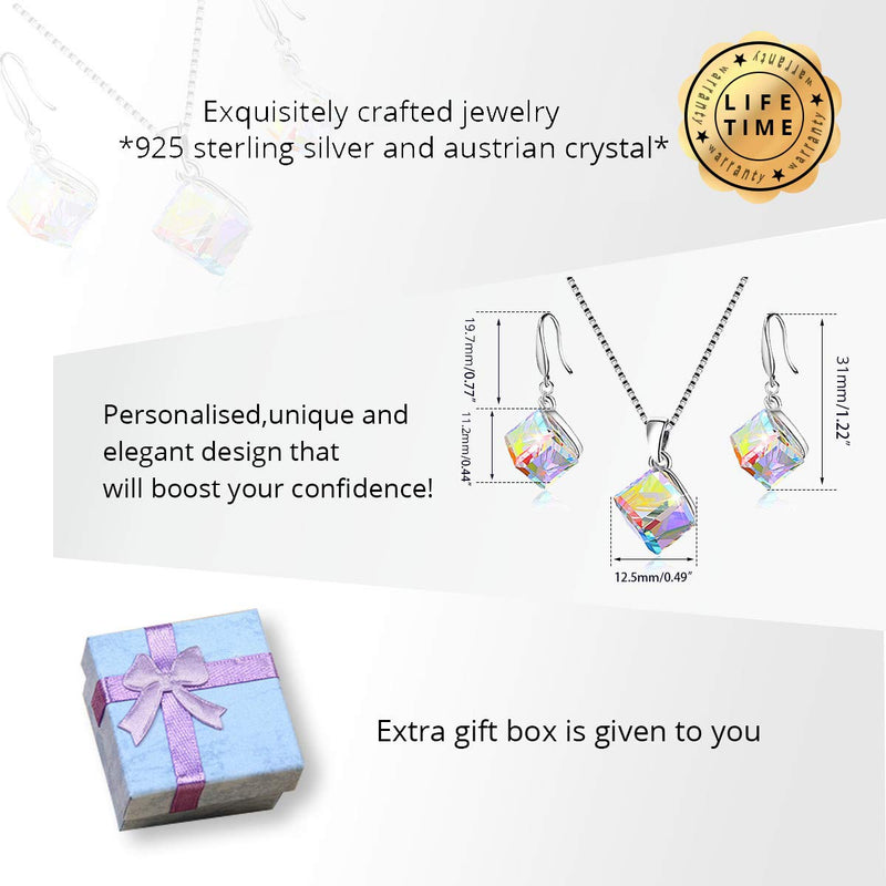 [Australia] - Uloveido Girl's Square Cube Authentic Austrian Crystal Hook Earrings and Rainbow Necklace Sets for Women - 925 Sterling Silver Wedding Engagement Jewelry Sets Box Packing Y418 Rainbow Set 