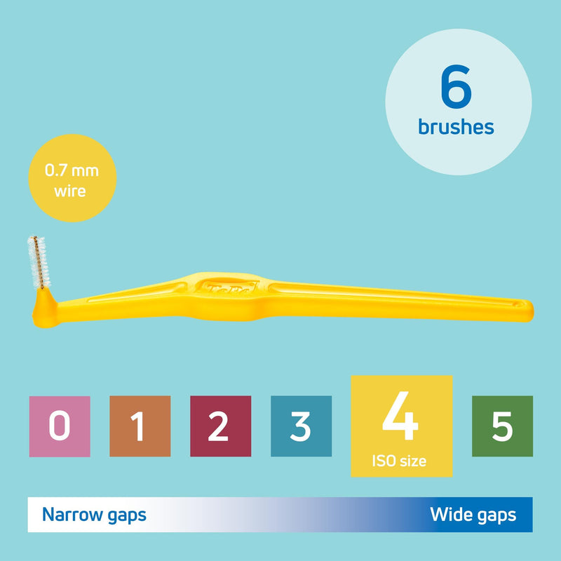 [Australia] - TePe Angle Yellow Interdental Brushes (0.7mm - Size 4) / Easy and simple interspace cleaning with long handle and angled neck - 6 Count (Pack of 1) 6 Count (Pack of 1) 