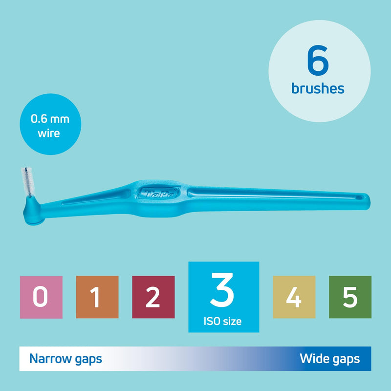 [Australia] - TePe Angle Blue Interdental Brushes (0.6mm - Size 3) - Easy and simple interspace cleaning with long handle and angled neck, 1 x 6 brushes 