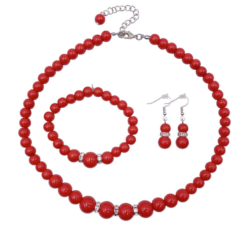 [Australia] - Femtindo Faux Pearl Necklace Earring and Bracelet Black Costume Jewelry Set for Women Red 