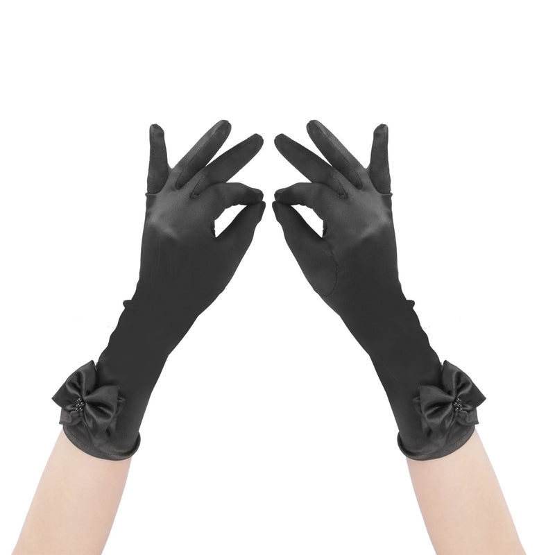 [Australia] - Kids Long Satin Formal Gloves,Full Finger w/Pearl Bowknot for Girls Wedding Dress,10BL One Size Black 