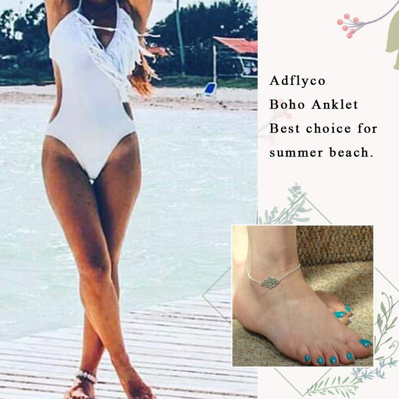 [Australia] - Adflyco Boho Anklets Silver Hand of Fatima Anklet Bracelets Beach Foot Jewelry Adjustable for Women and Girls 