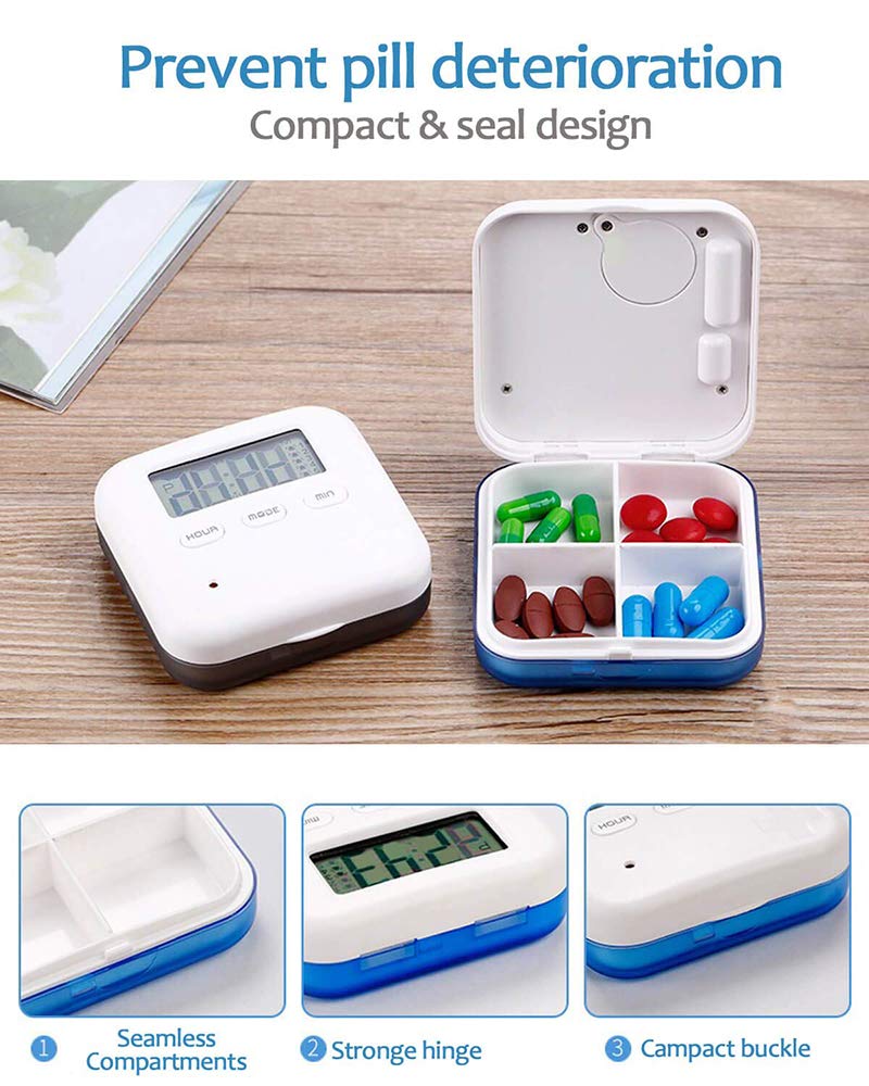 [Australia] - Hanguang Pill Box, 4 Compartment Intelligent Sealed Alarm Pill Box, Mini Portable Electronic Pill Timer-Reminder-Dispenser with Digital Screen for Vitamins, Cod Liver Oil, Supplements and Medication Blue 