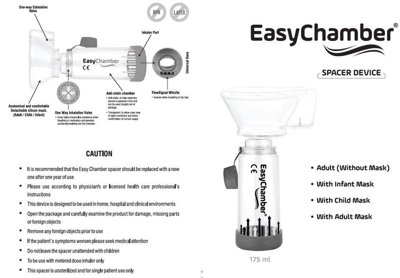 [Australia] - EasyChamber Anti-Static Spacer Device with Infant Mask, Inhaler Chamber, use with Metered Dose Inhaler, BPA and Latex Free 
