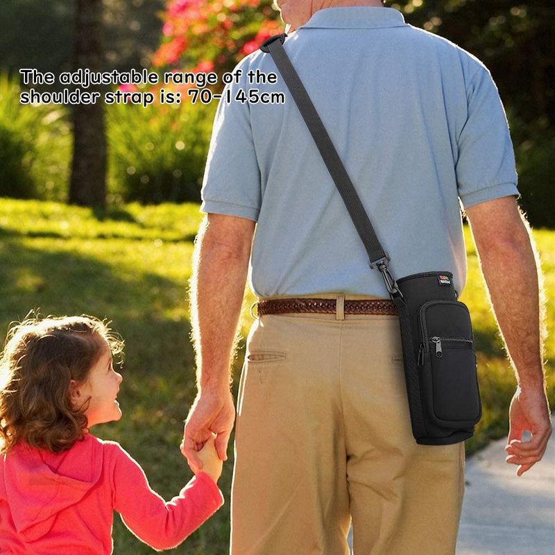 [Australia] - Nuovoware Water Bottle Carrier Bag, Bottle Pouch Holder, Adjustable Shoulder Hand Strap 2 Pocket Sling Neoprene Sleeve Sports Water Bottle Accessories for Men/Women Hiking Travelling Camping, Black 