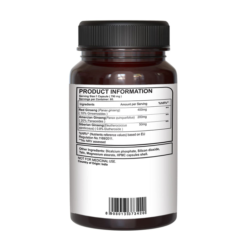[Australia] - Pure Nutrition Triple Ginseng - an Unique and Effective Combination of Red Ginseng, American Ginseng and Siberian Ginseng. 790mg per Capsule | 60 Veg Caps Pack 60 Count (Pack of 1) 