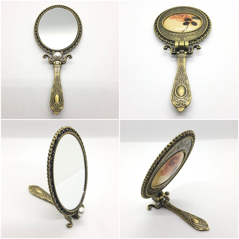 [Australia] - Handheld Mirror Antique with Stand Double Folding Sided Brass for Makeup Mirror 18cm ( 7 inch) 