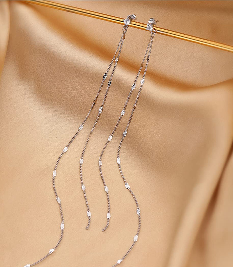 [Australia] - SLUYNZ 925 Sterling Silver CZ Studs 6.3inch Long Chain Earrings Dangle for Women Teen Girls Line Earrings Chain Backs A-Silver 