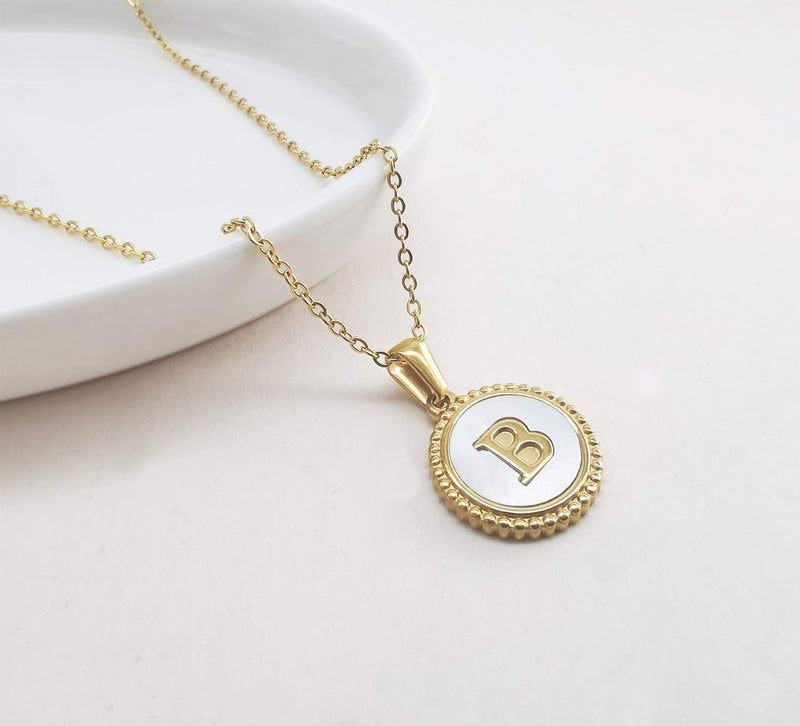 [Australia] - Glimmerst 18K Gold Plated Stainless Steel Initial Necklace White Shell Round Coin Letter Pendant Necklace Personalized Name Necklace for Women Girls Y 