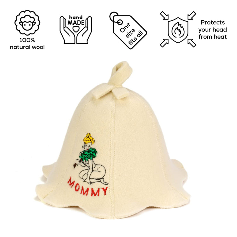 [Australia] - Natural Textile Sauna Hat 'Sauna Mommy' White - 100% Organic Wool Felt Hats for Russian Banya - Protect Your Head from Heat - English Sauna eBook Guide Included - with Embroidery 
