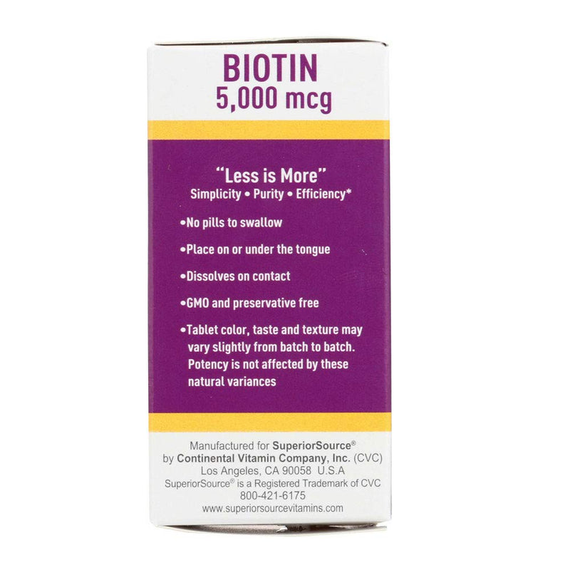 [Australia] - Superior Source Biotin 5000 mcg Vitamins & Minerals Unisex Sublingual Instant Dissolve Tablets for Hair, Skin, and Nails Growth - 100 Count 