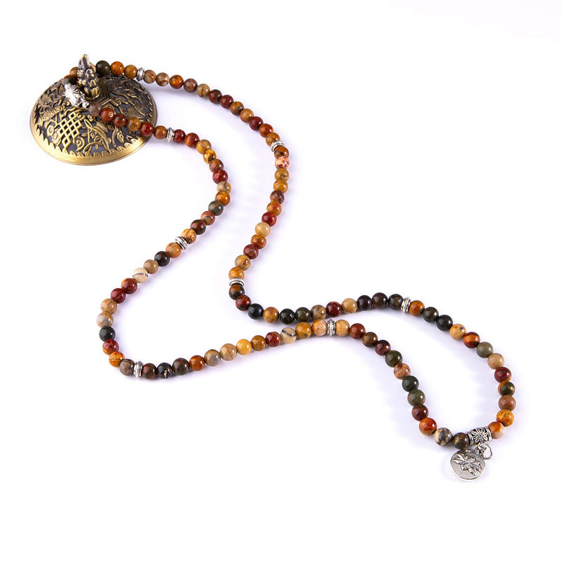 [Australia] - Bivei 108 Mala Beads Bracelet - Genuine Gemstone Mala Prayer Beads Lotus Charm Meditation Necklace Multi-Color Picasso Jasper 