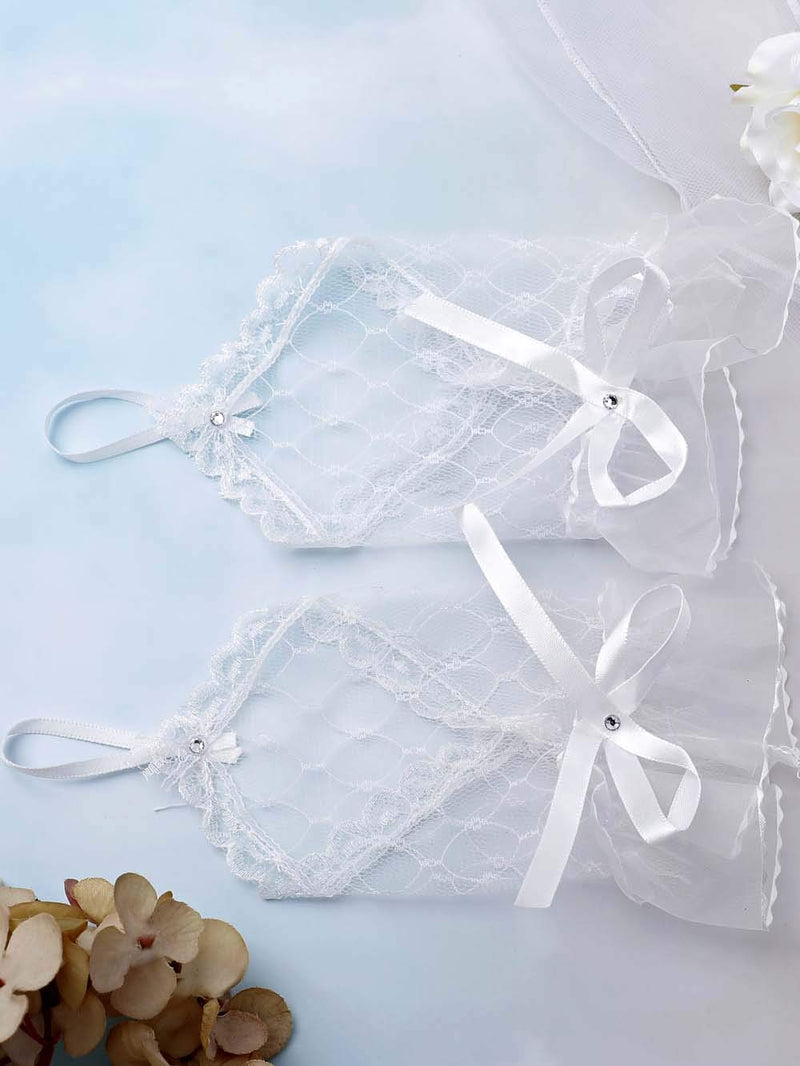 [Australia] - Jovono Women White Floral Pair of Rhinestone Bridal Lace Gloves- Evening Dress Gloves for Wedding Party Prom Opera (Short) 