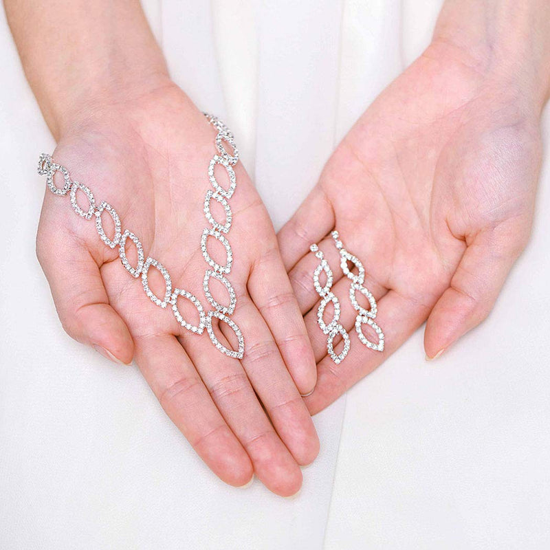 [Australia] - Aukmla Bridal Wedding Necklace Earring Set Silver Rhinestone Necklaces Bride Jewelry Accessories for Women and Girls Necklace-019 (Set of 3) 