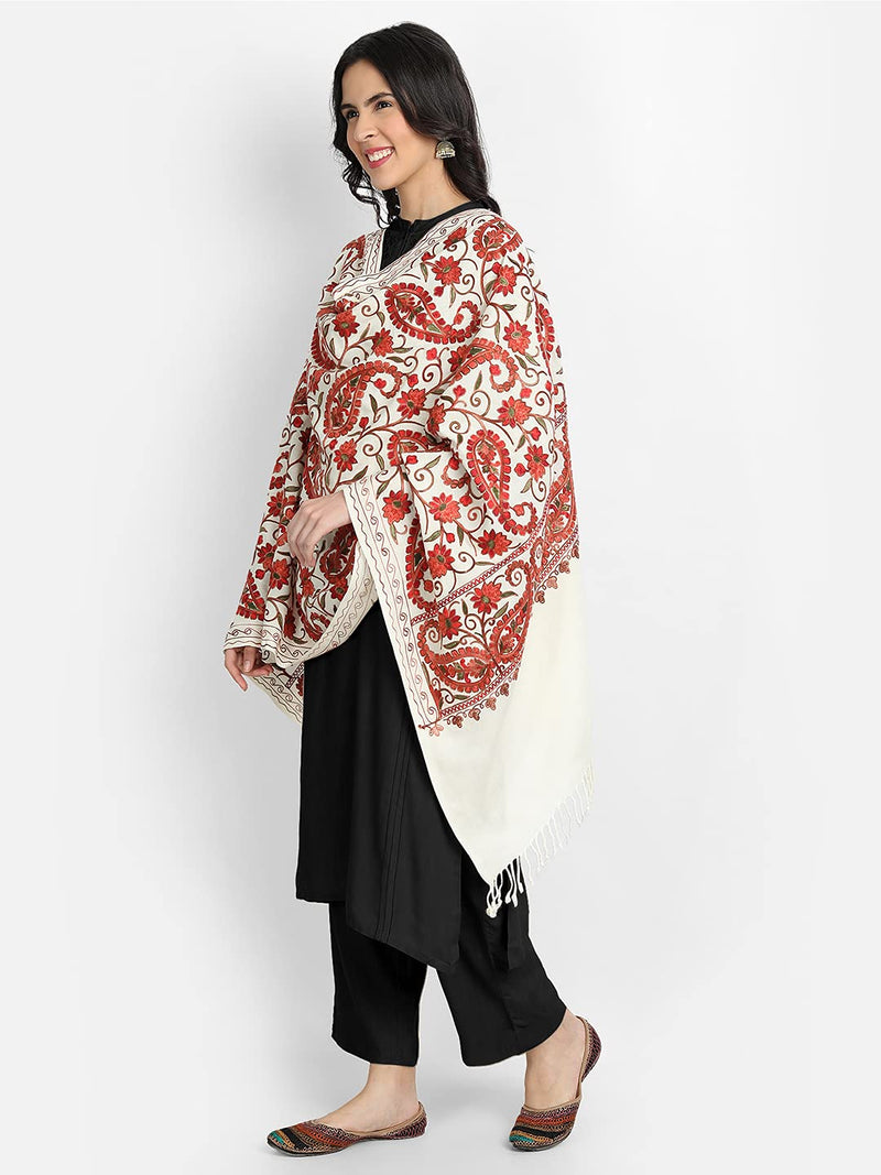 [Australia] - Kashmir Women Stole Shawl Scarf Wrap with Indian Embroidery Flower Creame 