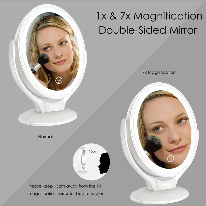 [Australia] - Aesfee LED Lighted Makeup Vanity Mirror Rechargeable,1x/7x Magnification Double Sided 360 Degree Swivel Magnifying Mirror with Dimmable Touch Screen, Portable Tabletop Illuminated Mirrors - White 