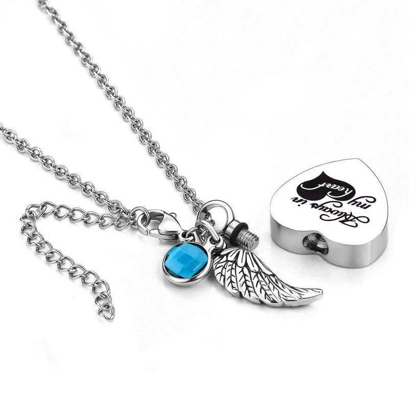 [Australia] - CLY Jewelry Urn Necklace for Ashes Stainless Steel Love Heart with Angel Wings Colorful Crystal Birthstone Cremation Jewelry Memorial Necklace 2019 March Blue 